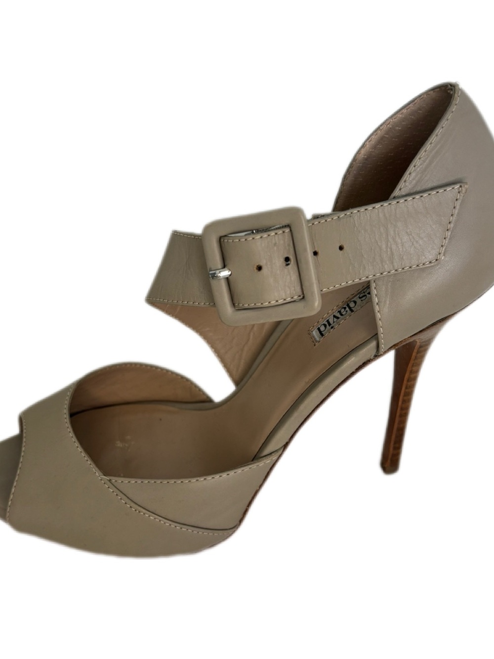 Charles David Taupe Leather Wide Crossover Buckle Strap Peep Toe Heels Size 8.5